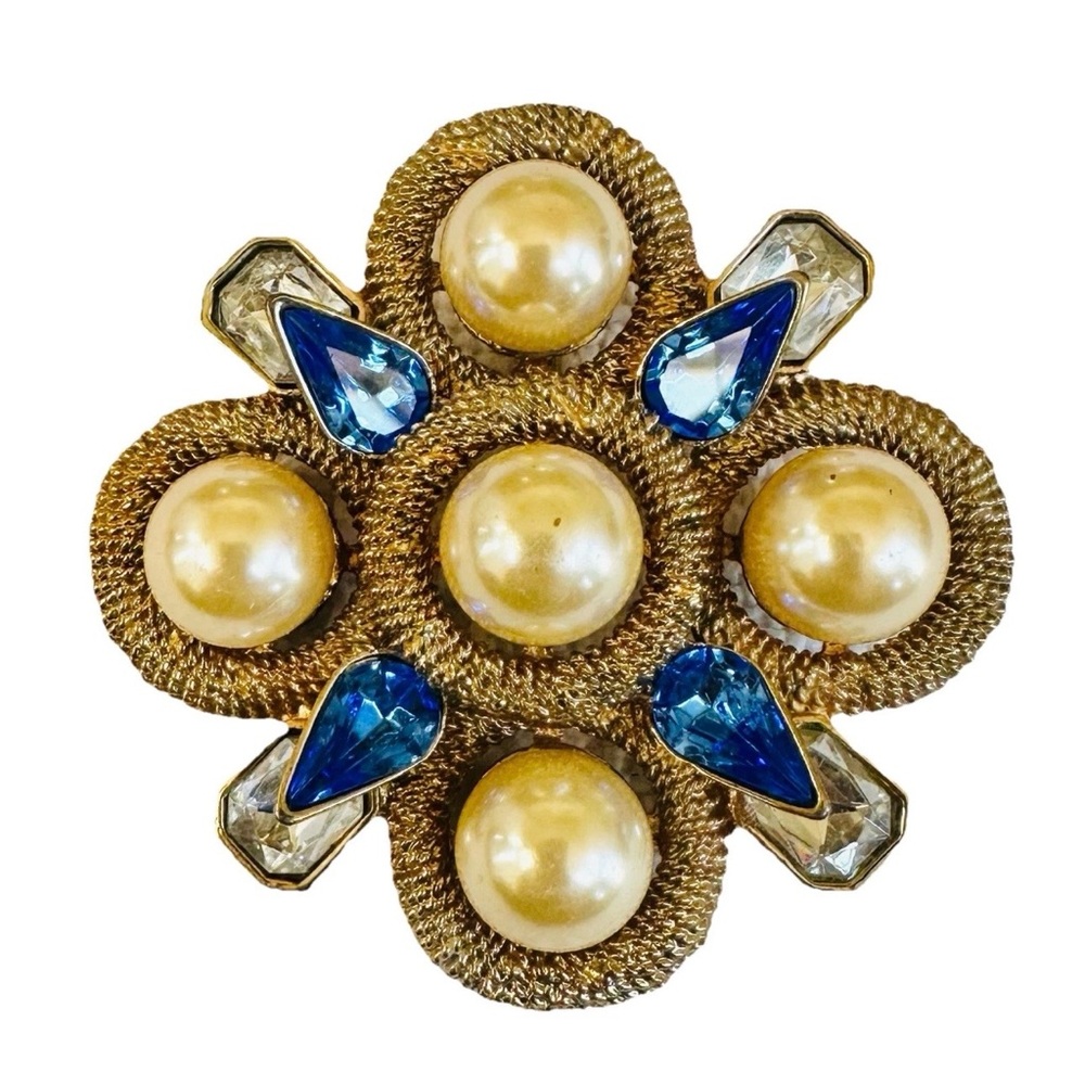 VTG Scaasi Maltese Cross Pendant Brooch Faux Pearl Blue Crystal Gold Tone *Read